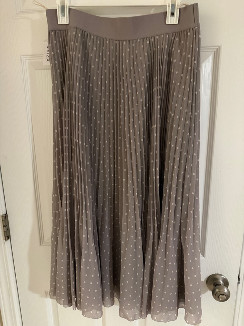 Aritzia Taupe Polka Dot Pleated Midi Skirt
